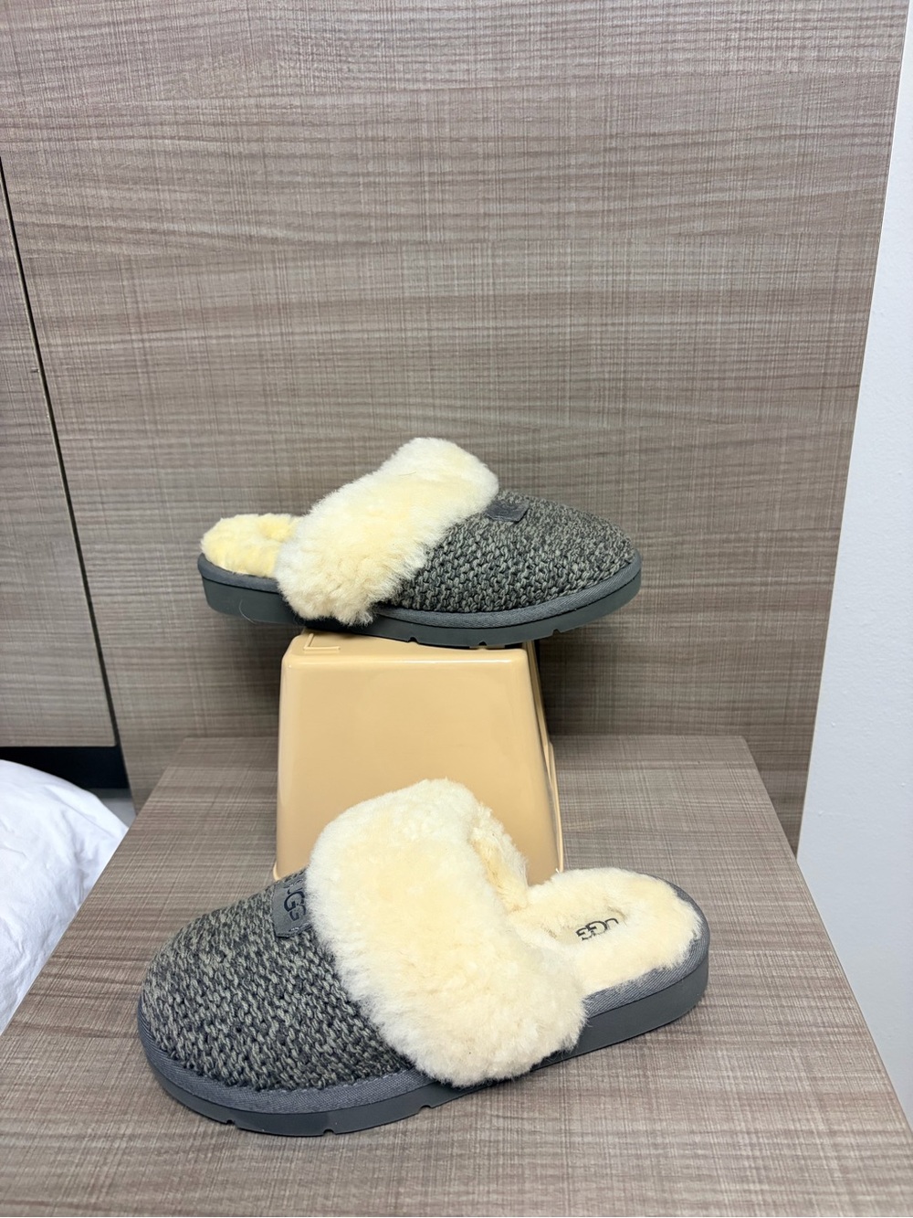 UGG Gray Knit Slide Slippers with Cream Shearling Cuff